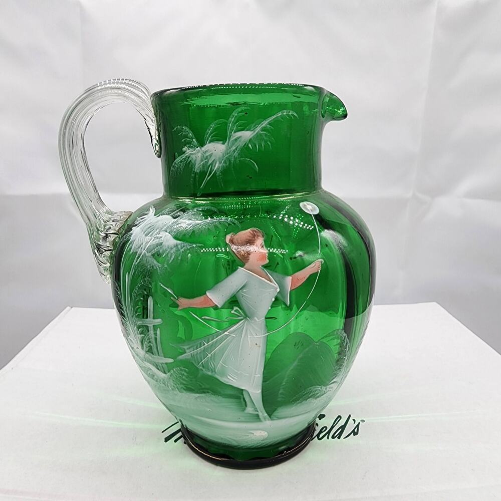 Vintage Mary Gregory 7" Pitcher Hand Painted Emerald Green With Clear Handle